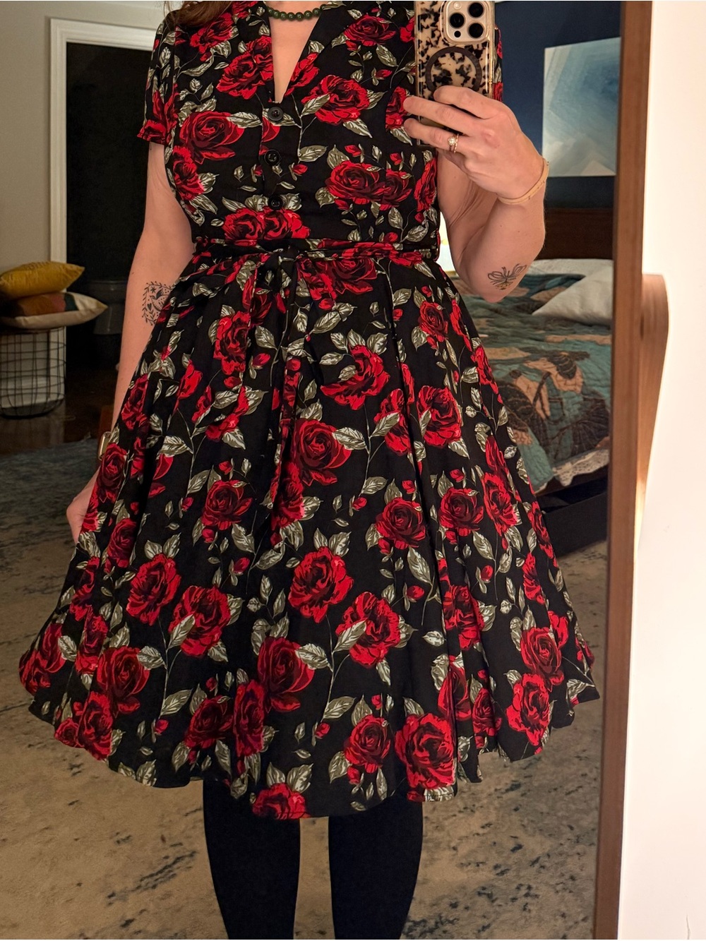 LA Soul Retro Dress with Red Rose Print and Green Leaves — L
